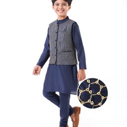 EARTHY TOUCH Woven Full Sleeves Solid Colour Kurta Pyjama Set with Embroidered Jacket - Navy Blue-image-67