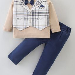 ToffyHouse 100% Cotton Full Sleeves T-Shirt & Trouser Set Checkered with Bow - Tan & Blue-image-37