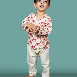 Polka Tots Full Sleeves Camel Printed Angrakha Style Kurta With Pyjama Pant Set - Cream-image-14