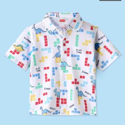 Babyhug Cotton Knitted Half Sleeves  Regular Collar Shirt Dino Printed  - White-picture-8