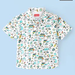 Babyhug 100% Cotton Knit Half Sleeve Shirt With Beach Theme Print - White & Blue-image-63