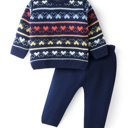 Babyhug Knit Full Sleeves Sweater Set with Heart Design - Navy Blue-image-84