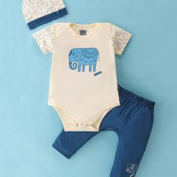 Mini Taurus Cotton Knit Half Sleeves Onesie with Leggings & Cap Set with Elephant Print - Blue-image-42