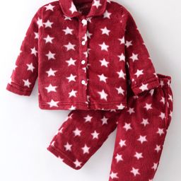 Kanvin Supersoft Extra Warm Velour Full Sleeves Winter Night Suit With Stars Print - Maroon-image-97