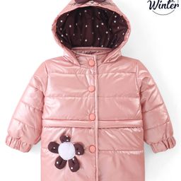 Babyoye Woven Solid Dyed Full Sleeves Front Open Padded Hooded Jacket with Bow & Floral Applique - Peach-image-29