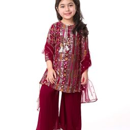 Babyhug Woven Georgette Three Fourth Sleeves Sequins Embroidered Kurti Palazzo Set with  Dupatta - Hot Pink-picture-13