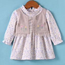 ToffyHouse Interlock Knit Full Sleeves Floral Printed Frock With Attached Jacket - Beige-image-53