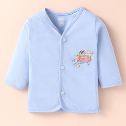 OHMS Single Jersey Knit Full Sleeves Front Open Vest with Airplane Print - Light Blue-14