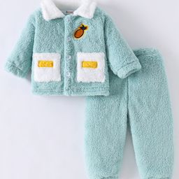 Kookie Kids Full Sleeves Collared Winter Wear Night Suit With Pineapple Applique - Mint-image-97