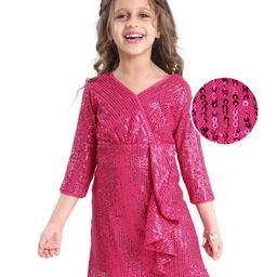 Hola Bonita Knit Full Sleeves All Over Sequined Overlapping Ruffle A Line Party Dress - Dark Pink-image-4
