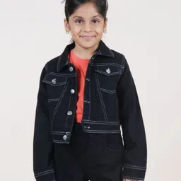 Kiddopanti Full Sleeves Back Peacock Patch Detailed Crop Denim Jacket - Black-picture-44