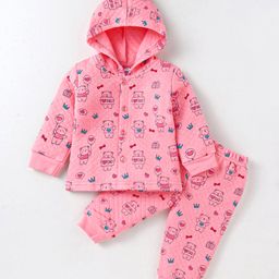 Tango Knit Full Sleeves Front Open Hooded Winter Wear Night Suit with Teddy Print - Pink-image-67