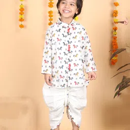 Polka Tots Cotton Full Sleeves Animal Printed Kurta With Dhoti - Off White-picture-40