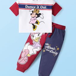 Babyhug Disney Cotton Knit Half Sleeves T-Shirt & Lounge Pant Set With Minnie Mouse & Daisy Graphics - White & Red-image-65