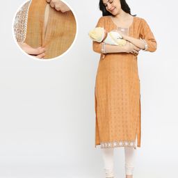 True Shape Three Fourth Sleeves Floral Embroidered Maternity Kurta With Concealed Zipper Nursing Access - Mustard-picture-14