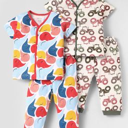 OHMS Single Jersey Knit Half Sleeves Co-ord Night Suit with Animal & Vehicle Print Pack of 2 - White & Red-image-26