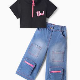 Ollington St. Sinker Knit Half Sleeves Text Print Top & Denim Loose Jeans with Cargo Pockets - Black & indigo-picture-14