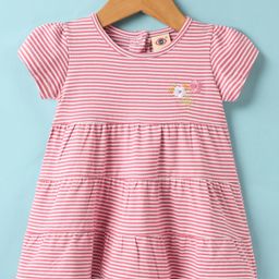 Zero Sinker Knit Half Sleeves Striped Frock With Floral Embroidery - Rose Gold-image-93