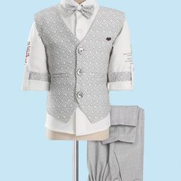 Rikidoos Full Sleeves Solid Shirt With Abstract Printed Textured Waistcoat Pant & Bow Set - White & Grey-picture-5