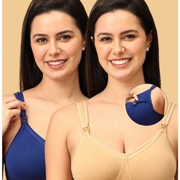 The Mom Store Pack Of 2 Sleeveless Solid Non Padded Nursing Bras - Blue & Beige-image-92