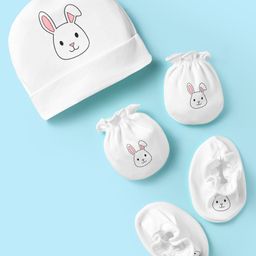 Ben Benny 100% Cotton Knit Cap Mittens & Booties Set With Rabbit Print White - Diameter 10 cm-image-6