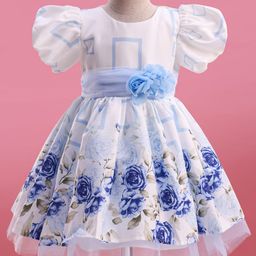 Mark & Mia Woven Half Puffed Sleeves Party Dress With Floral Print & Applique - Light Blue-image-90