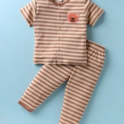ToffyHouse Knitted Half Sleeves Front Open Night Suit With Stripes & Animal Patch - Brown-image-42