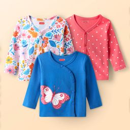 Babyhug 100% Cotton Interlock Knit Full Sleeves Front Open Jhablas With Floral Print & Polka Dots Prints Pack Of 3 - Blue White & Pink-2