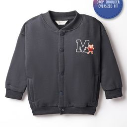 Bonfino 100% Cotton Fleece Knit Full Sleeves Bomber Jacket With Teddy Bear Holographic Print - Charcoal Grey-picture-41