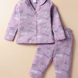 Smarty Girls 100% Cotton Full Sleeves Co-Ords Night Suit With Text Print - Mauve-image-81