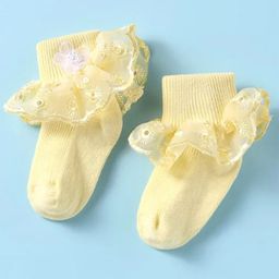 Akinos Kids Cotton Ruffle Detailed & Floral Embroidered Socks - Yellow-image-56