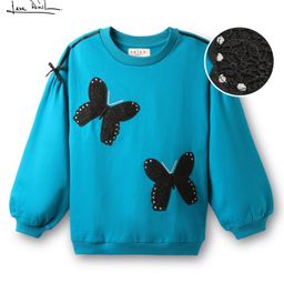 Arias 100% Cotton Fleece Knit Full Drop Shoulder Sleeves Sweatshirt With Butterfly Applique - Blue-image-34