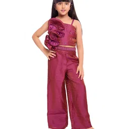 Tiny Kingdom Woven Sleeveless Pearls Embellished Frill Detailed Top & Palazzo With Hairband Set - Pink-picture-39