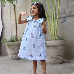 Funny Bones Clothings Girls Linen Royal Toika Printed Dress-image-21