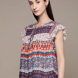 Label Ritu Kumar Floral Print Tie-Up Neck Flutter Sleeves Top image 4