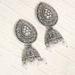 OOMPH Jewellery Oxidized Silver Stones & Pearls Tear Jhumki-image-79