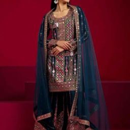 Libas Art Teal Embroidered Kurta With Palazzos And Dupatta-image-49
