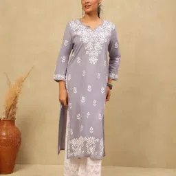House Of Chikankari Grey Cotton Regular Fit Kurta-picture-37