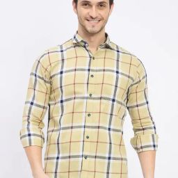 Duke Beige Cotton Slim Fit Checks Shirt-image-75