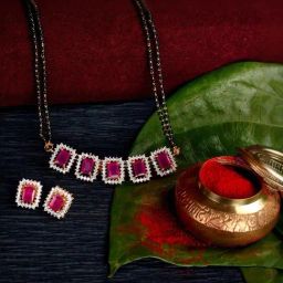 Saraf RS Jewellery GOLD Plated Red AD Studded Black Beaded Mangalsutra Jewellery Set-image-73