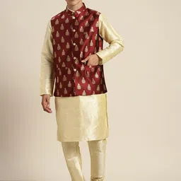SOJANYA Mandarin Collar Regular Kurta With Churidar & With Nehru Jacket image 1