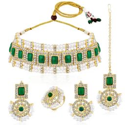 Peora Gold Plated Green Synthetic Stone CZ Necklace Earrings Maangtikka Ring Jewellery Set-33