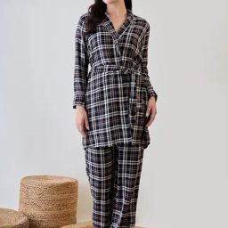 The Kaftan Company Black Viscose Checks Night Dress-29