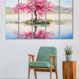 999Store Pink & Blue Leaves Tree Art 5 Frame MDF Paintings-35