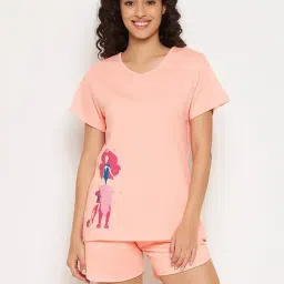 Clovia Peach Printed T-Shirt With Shorts-image-40