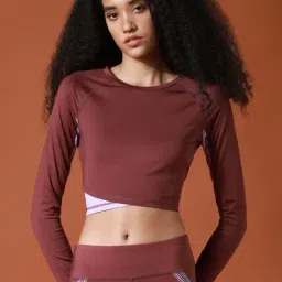 Only Maroon Round Neck Color-Block Crop Top-image-29
