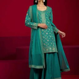 Libas Art Teal Embroidered Kurta With Palazzos And Dupatta-image-50
