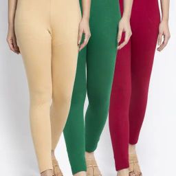 Gracit Beige & Green Mid Rise Leggings - Pack Of 3-image-16