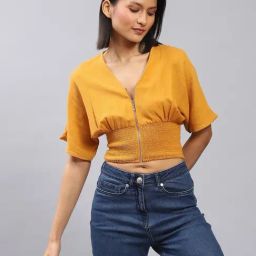 Label Ritu Kumar Green Cotton Blend Solid Cropped Zipper Top-picture-16