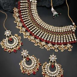 Peora Maroon Necklace with Earring & Maang Tikka Set-image-73